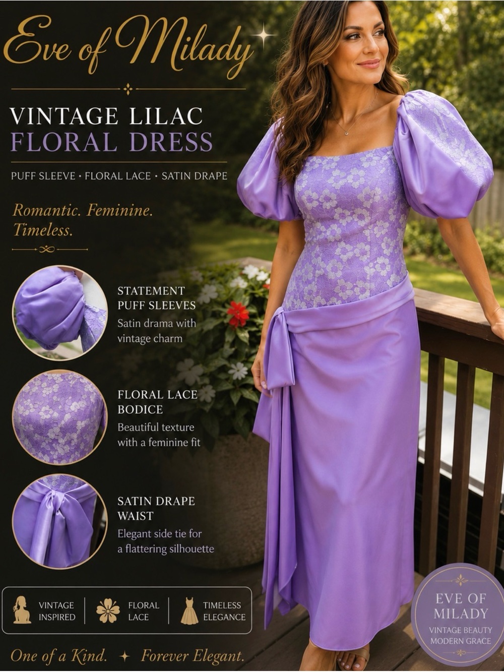 Vintage Lilac Floral Midi Dress with Puff Sleeves